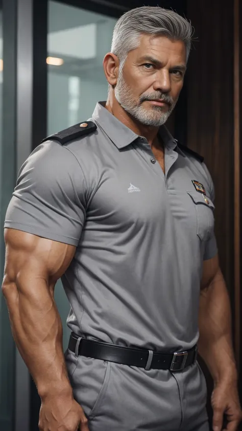 1man, middle-aged man, 6, handsome, gray haired color, grey beard, shorter quiff salt and pepper hairstyle, red eyes, scratched face, prominent muscular body, bodybuilder bodyshaped, Grey shirt paired in Indonesian Policeman uniform, HD, High Quality, Hype...