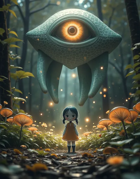 [By Junji Ito], Dark horror scene, [Detailed shadows], [vein], (Glowing Mushroom Forest), 1 Girl, Giant eye of the universe, Tears streaming down my face, Spiral Fungus, HDR