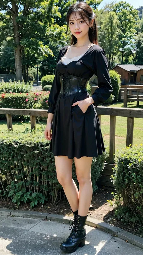 (8k、RAW Photos、Best Quality、masterpiece:1.2)、(Realistic、Realistic)、1 person、((dress、、Medium Hair、corset、Black long skirt、Thin legs、boots、View from the front、Looking into the camera、garden、Stand with hands on hips))、cute