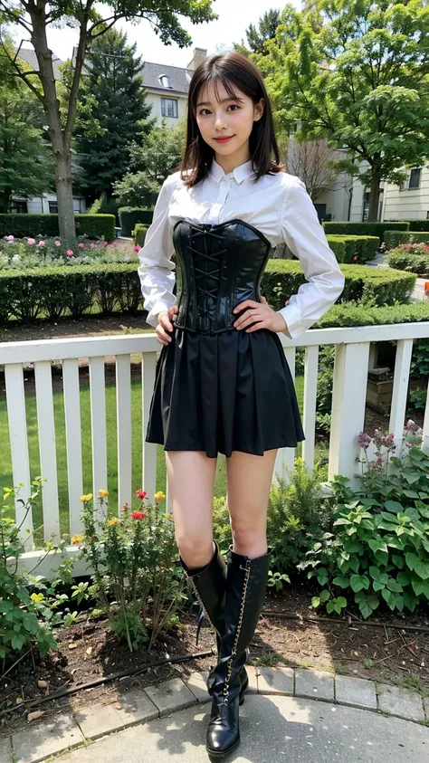 (8k、RAW Photos、Best Quality、masterpiece:1.2)、(Realistic、Realistic)、1 person、((dress、、Medium Hair、corset、Black long skirt、Thin legs、boots、View from the front、Looking into the camera、garden、Stand with hands on hips))、cute