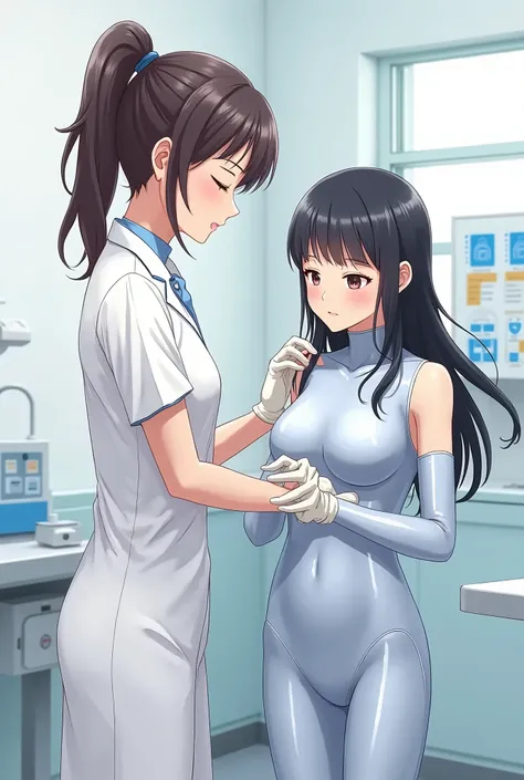 Anime nurse in latex suit、Helping a severely disabled girl wear a latex suit 