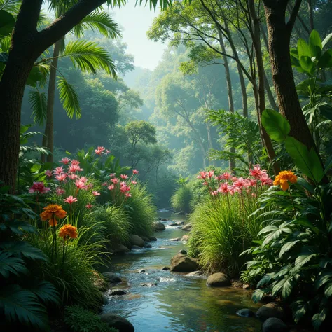 In the dense tropical rainforest, various exotic flowers and grasses compete for beauty. A clear stream winds through the forest, and sunlight shines through the treetops, creating a mysterious and beautiful atmosphere.

full body, Professional, perfect co...