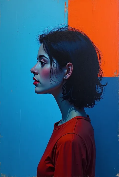 Create a serene profile portrait with the subject facing left. Use a vibrant color palette of blues, reds, and oranges. The background should be minimalistic in cool blue tones. Employ bold, visible brush strokes and the impasto technique for texture. Blen...