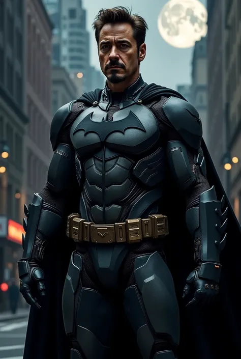 "A realistic portrait of Robert Downey Jr., the actor known for playing Iron Man, dressed in a detailed and futuristic version of the Batman suit. The suit is sleek, black, and armored with glowing accents, blending elements of both Iron Mans technology an...