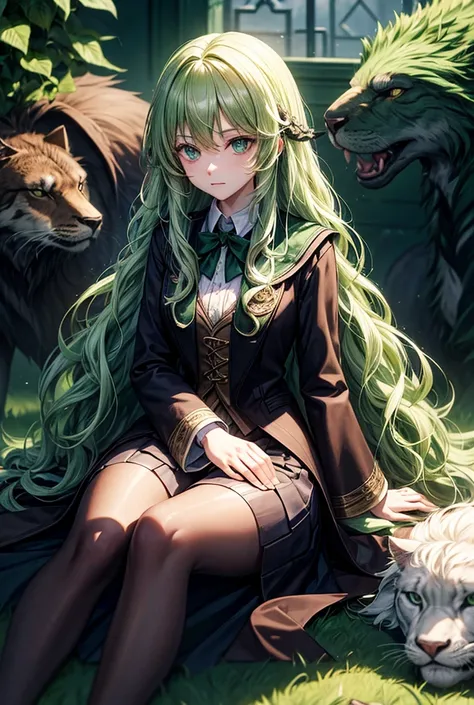 A Slytherin student with long green wavy hair surrounded by animals 