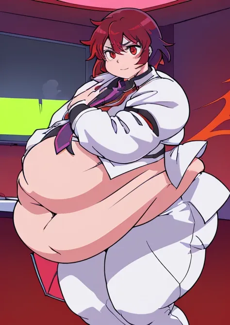 ((best quality, 4k, 8k, anime girl, masterpiece)), ((((beautiful extremely detailed face)))), (((beautiful eyes, red eyes))), ((hard skin)), cinematic lighting, ((perfect anatomy)), (((chubby, SSBBW, tall, (((extremely huge belly, very round belly, huge bu...