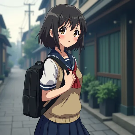 masterpice anime, Girl carrying a black backpack, serafuku with ribbon, From the side