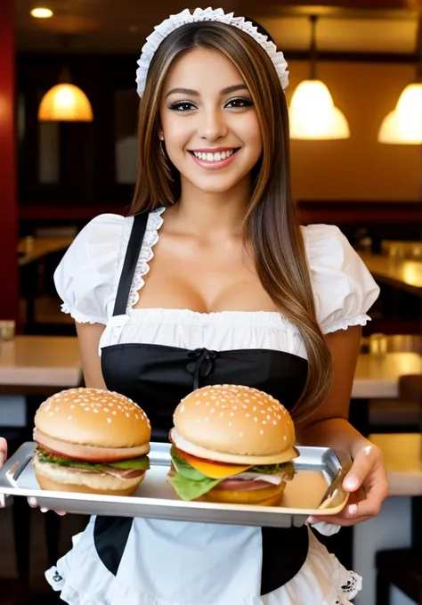 a photo of an attractive latina girl, dressed as a maid, carrying a tray with a hamburger to a table in a restaurant, sexy blond...