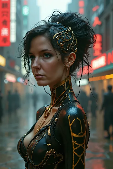 a beautiful cyberpunk woman in a gold and black outfit, beautiful cyborg goddess, complex details, hyperrealistic, Lebendige Farben, cinematic light, photorealistic, masterpiece, 4K, ultra-detailed, physically based rendering, sharp focus, Lebendige Farben...