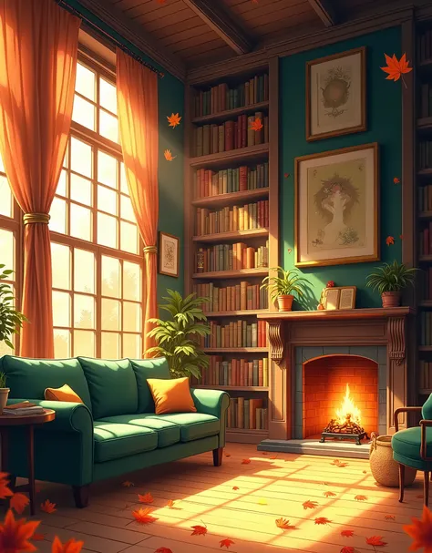 Creat a detailed anime style illustration of A cozy, sunlit library room bathed in warm autumn hues. Golden leaves from a nearby tree softly cascade through the large windows, creating a serene and inviting atmosphere. The walls are lined with towering boo...