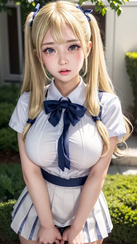 ((Best quality)), ((masterpiece)), (detailed), High Twintails, ((Blonde)), (very cute High school girl), (erect penis:1.2), Very cute eyes, False eyelashes, (((Teary-eyed))), (cheek:1.3), (Surprised:1.5), Glossy thick lips, White skin, Pleated skirt, Close...