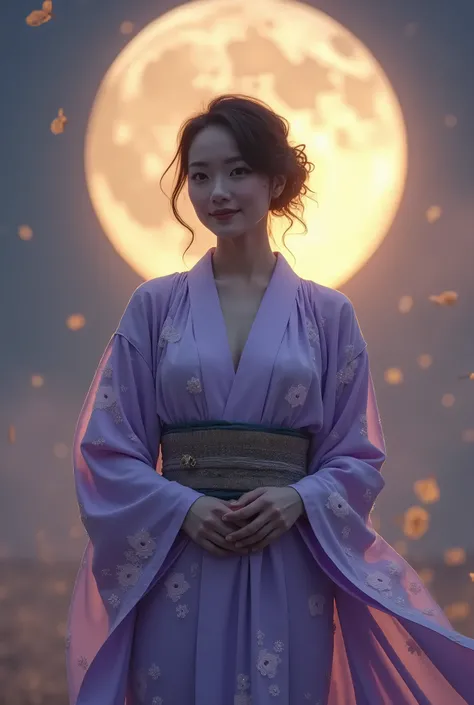 Japanese Night、Big moon in the background、8.2、moonlight、Big Moon、A fantastical situation with gold dust flying、Kimono、Light purple floral kimono、silk、A diligent smile、From the waist up、Your smile is beautiful、Ample breasts、Overflowing Chest、Busty、My nipple...