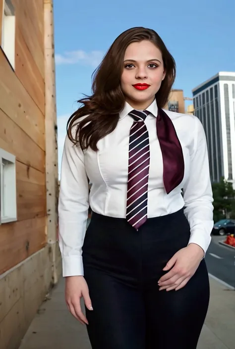 Young woman, giantess art, giga giantess in distance walking on through city, women with beautiful curves, massive thighs, blonde hair, lipstick, wearing a perfect  grey pinstripe trouser suit and blazer, crisp white shirt, and a large blade width Windsor ...