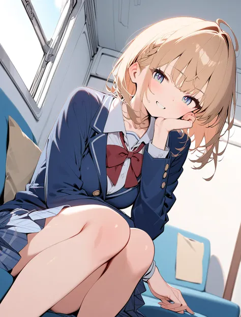 (8K:1.5),anime, cute,high school girl,High School Uniforms,bend forward,Upper body only, F-cup bust, ribbon, plaid skirt,On train, sitting,Beautiful legs, beautiful thighs, smiling, natural makeup, 