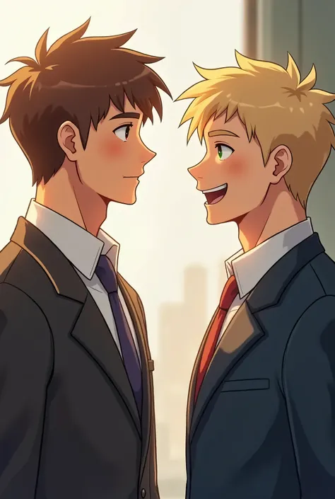 Create two men looking at each other and smiling, the one on the right is light blond with light green eyes and a little shorter than the other., the one on the left has light brown hair and honey-colored eyes 