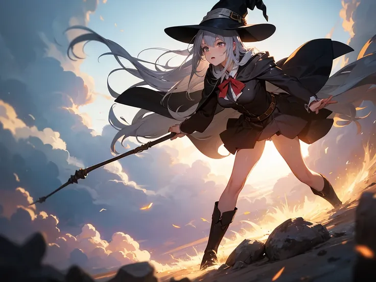 a woman with asymmetrical silver hair, wearing a witch hat, riding a broomstick and flying through the sky, hair flowing in the wind, dynamic anime style, shiny effects, detailed, highly realistic, 8k, photorealistic, studio lighting, cinematic, dramatic c...