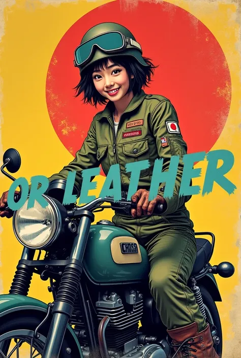 Pop Art Style. young, , A smiling Japanese woman with short, unkempt black hair、He is wearing a stylish flight jacket with a Japanese flag patch on the shoulder.。, Durable cargo pants, Durable boots, Vintage helmet and gloves, Confident on a military bike ...