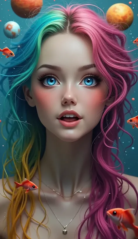 a woman with long colorful hair, beautiful detailed eyes, beautiful detailed lips, extremely detailed eyes and face, long eye lashes, planets floating around her, fish floating around her, Delirium character from sandman, best quality,4k,8k,highres,masterp...