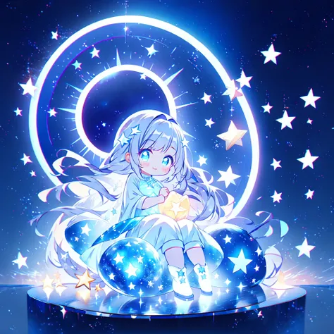 かわいいstarの妖精、Full body Front portrait、Front、Front facing the viewer、One girl,Best Quality、masterpiece、Official Art、Super detailed、Very beautiful、Cute starの妖精、Gray Hair、Straight long hair、milky way、universe、star charm、star、baby face、Knee-high boots、Giant stu...