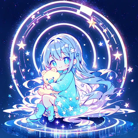 かわいいstarの妖精、Full body Front portrait、Front、Front facing the viewer、One girl,Best Quality、masterpiece、Official Art、Super detailed、Very beautiful、Cute starの妖精、Gray Hair、Straight long hair、milky way、universe、star charm、star、baby face、Knee-high boots、Giant stu...