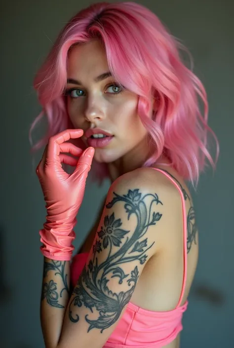 A cute nude girl with pink hair wearing latex gloves, tattoos