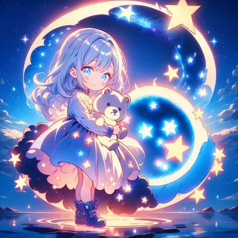 かわいいstarの妖精、Full body Front portrait、Front、Front facing the viewer、One girl,Best Quality、masterpiece、Official Art、Super detailed、Very beautiful、Cute starの妖精、Gray Hair、Straight long hair、milky way、universe、star charm、star、baby face、Knee-high boots、Giant stu...