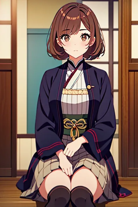 pretty 20 year old woman with light brown eyes and short auburn hair loose with bangs. she wears a combat outfit. taisho era.