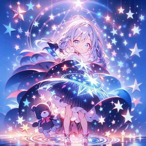 かわいいstarの妖精、Full body Front portrait、Front、Front facing the viewer、One girl,Best Quality、masterpiece、Official Art、Super detailed、Very beautiful、Cute starの妖精、Gray Hair、Straight long hair、milky way、universe、star charm、star、baby face、Knee-high boots、Giant stu...