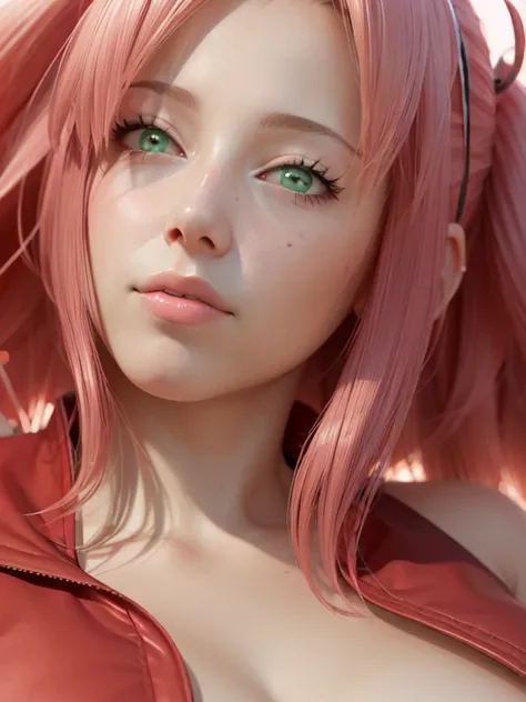 young woman pale skin, long bubblegum pink hair, pink eyebrows, big jade green eyes, buttoned nose, peach lips, small breasts, wide forehead, flower and butterfly kimono, Sakura Haruno, realistic, 3d