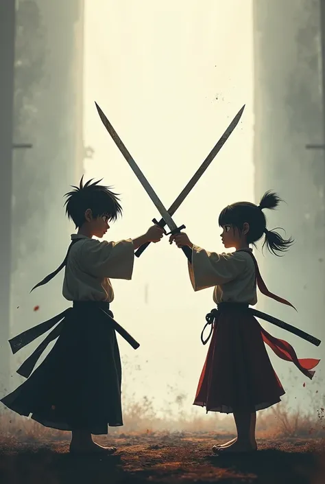 Boy facing girl, Both point their katanas in a sign of duel,High resolution, masterpiece, The best quality, Damaged, Silhouette, Chiaroscuro, cinematic lighting, Minimalism, Animated style, Excited, 