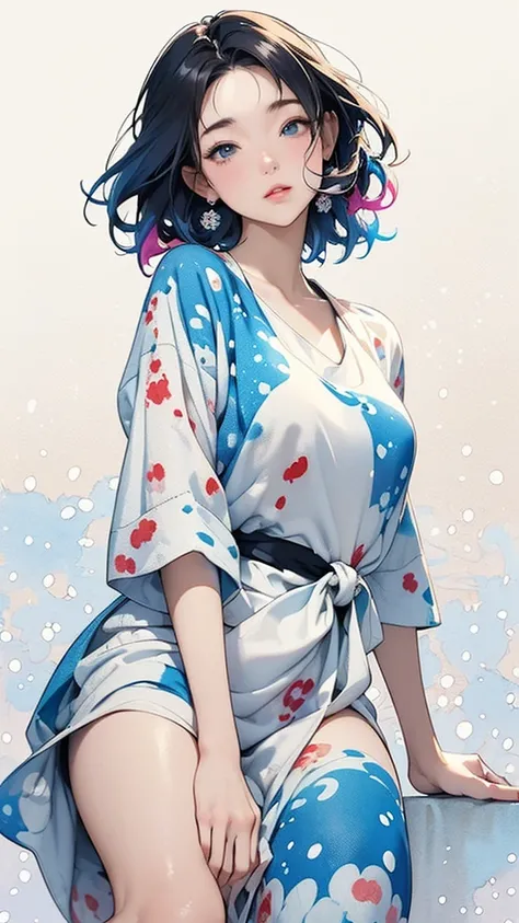 Splash background and spray paint effect, Katsushika Hokusai, Body on knees,watercolor style, Watercolor detailed art, Watercolordigital painting, Very fine watercolor, brown bob hair, Tie your hair back,Black to blue gradient hair、look up、(Simple white dr...