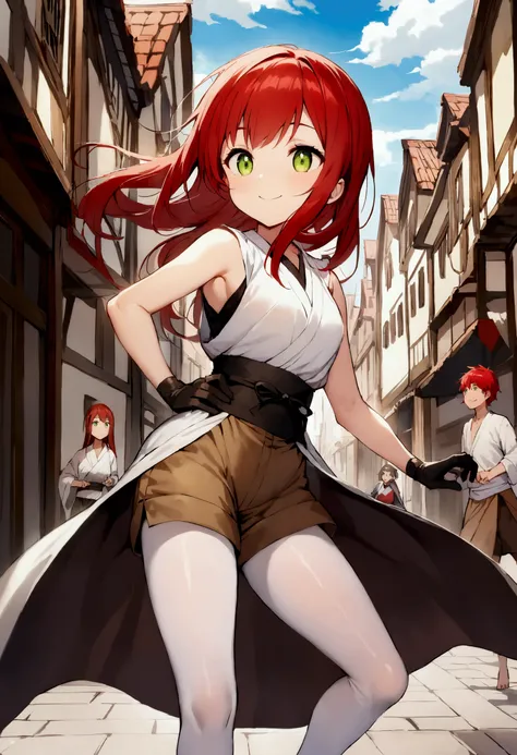 A short girl with red hair and big green eyes. she smiles. Her hair is long and loose, reaching down to her hips.. She is wearing a white sleeveless blouse and black sleeveless gloves.. She has brown shorts and white tights under the shorts.. She is karate...