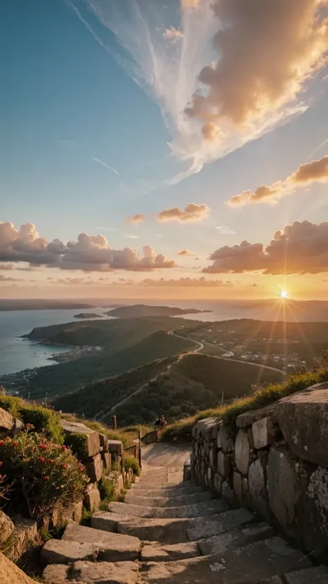 a sunset facing the sea from the top of a mountain