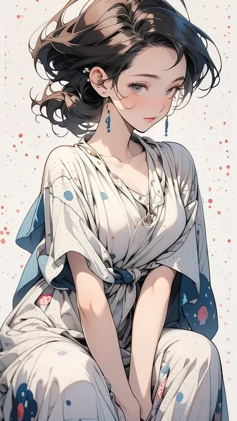 Splash background and spray paint effect, Katsushika Hokusai, Body on knees,watercolor style, Watercolor detailed art, Watercolordigital painting, Very fine watercolor, brown bob hair, Tie your hair back,look up、(Simple white dress:1.2)、Medium Bust、(((Abst...