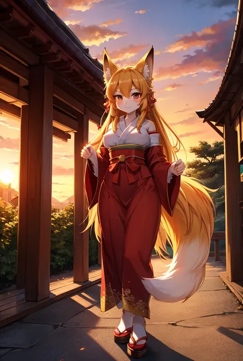 Fox shrine maiden with golden fur, glamorous figure walking around the shrine grounds, beautiful sunset