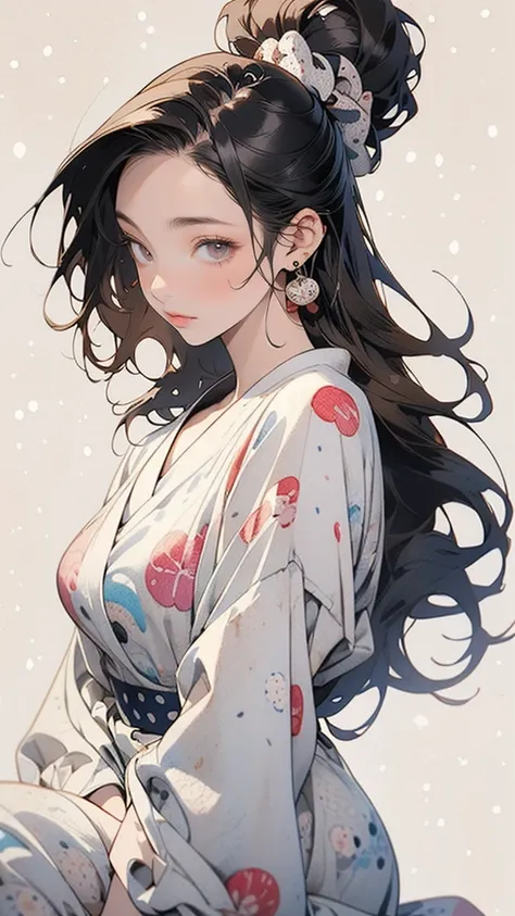 Splash background and spray paint effect, Katsushika Hokusai, Body on knees,watercolor style, Watercolor detailed art, Watercolordigital painting, Very fine watercolor, brown bob hair, Tie your hair back,look up、(Simple white dress:1.2)、Medium Bust、(((Abst...