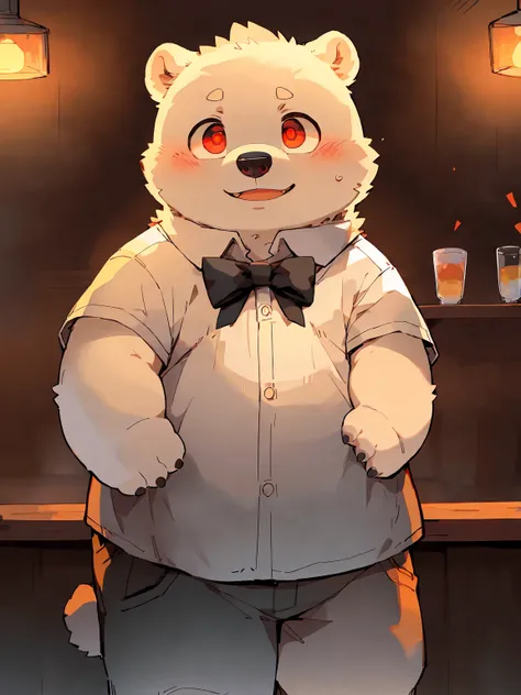 masterpiece, Best quality, Perfect anatomical structure, Bright eyes, Big watery eyes, Provided by RUHU1145, hairy, (polar bear), fur(trigger:0.3)，boy, Solitary，Red Eyes，Shy，Black pants，White shirt，Black bow tie，(Slightly fat)，Bar reception，Waiter