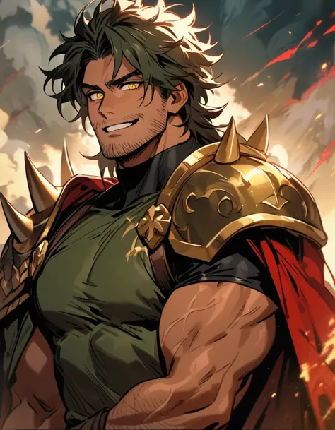 (epic painting style)a muscular handsome 30 years old character with shoulder lenght brown messy hair, tanned skin color, he have yellow ambar eyes,very small beard, he wears a dark green compression shirt without the right sleeve, he have an single golden...