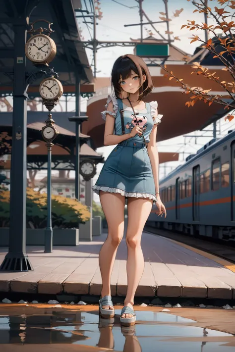 beautiful woman, posing at train platform at evening, clock on platform, she has long straight hair (swept-side bangs, hime cut hair), wearing white short ruffle sleeves wide round neck blouse-shirt, azure-blue denim pencil mini skirt, BREAK, ((masterpiece...