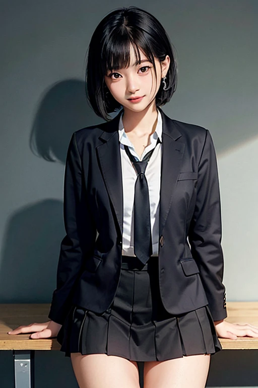 a one girl, Female, 17, Black bob cut, Cute, friendly, approachable, slightly naive look, easy to approach, Big, black eyes, Clear, healthy skin with a slight blush, Korean school uniform (skirt, blazer, tie), Smiling with closed lips, warm, slightly shy e...