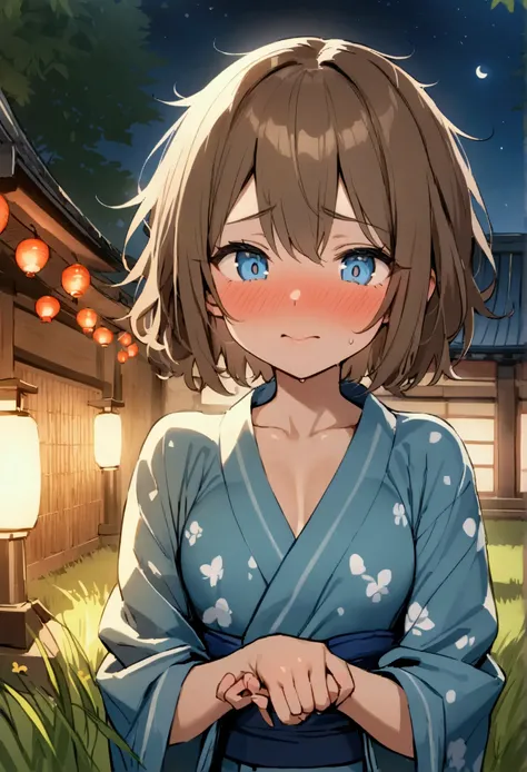 NSFW,masterpiece,Best Quality,High resolution,Very detailed,Boyish Girl,Brown Hair,Short Hair,Messy hair,blue eyes,Brown Skin,yukata,Shrine at night,Festivals,Under the tree,Grassland,Unpopular place,Embarrassed,blush,fidgety,yukataをはだける