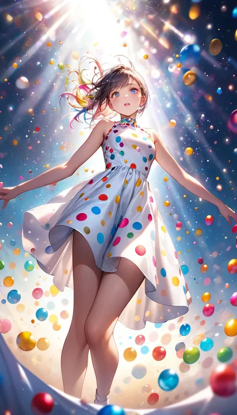 ((Dramatic Angle))White dress with colorful polka dots