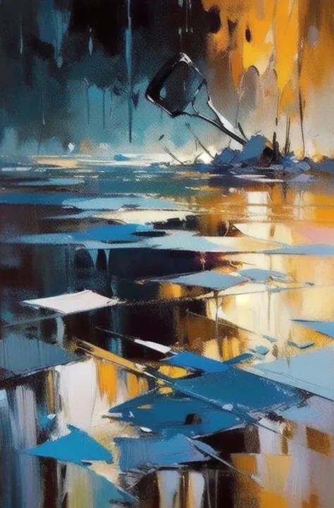 OIL PAINTING with spatula, impressionism,(masterpiece, best quality, ultra-detailed, best shadow),(detailed background),realistic,  rainy evening, View shown through wet glass,  Shapes are blurred melting away from the rain stream, messy shapes, (large are...