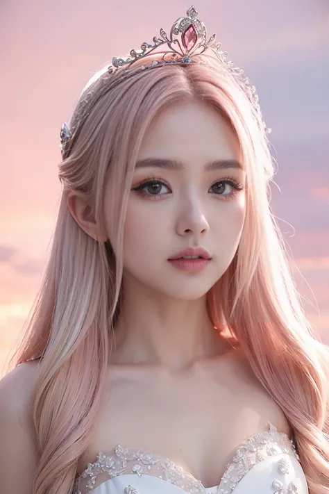 sexy black wedding dress、wearing a crown、Blonde highlights with pink hair、bride、、pink sky、Fantasy pink bubbles