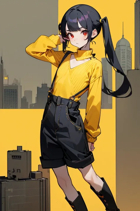 (masterpiece) (high Res), (Perfect face), (perfect anatomy), girl, black hair with pigtails, red eyes, (flat chest:1.6), short, fair skin, ((yellow sweater)), (black skirt overalls), black boots, ((((solo)))), ((((alone)))), (in a city)