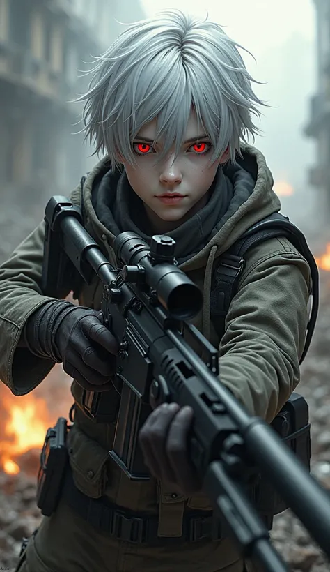 White skin、Red Eyes、male（20）、Hold a sniper rifle、Dutch Angle, Grey Hair, Parted bangs, battlefield、Character design drawings, 