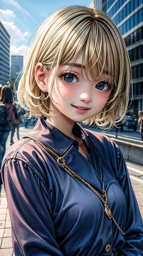 blonde、girl、Bobcut、smile、Urban Background