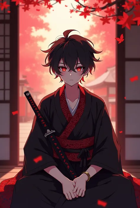 Anime gacha style, An eighteen year old boy with red crimson eyes and dark Black fluffy hair wearing a black and red kimono sitting in a Japanese house with a katana on the side