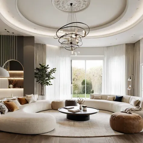 interior design, curvy and neo classic style, a modern interior of a house with a high ceiling, featuring a mix of white and bei...