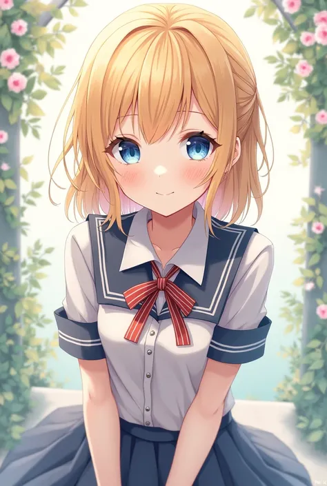 Beautiful anime girl, blonde, blue eyes, big , school uniform 